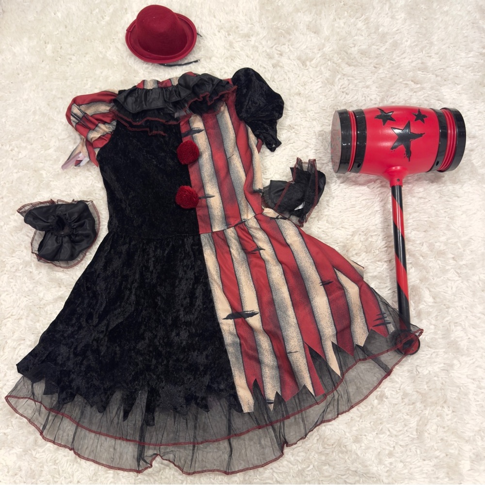 Spirit Red and Black Jester Clown Costume with Mallet and matching basket